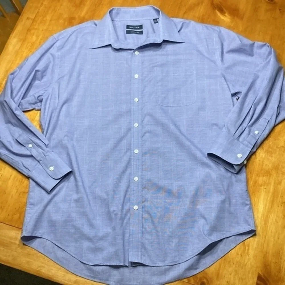Nautica Mens Dress Shirt 17.5 34/35 Purple Micro Check Plaid Wrinkle Free XL‎